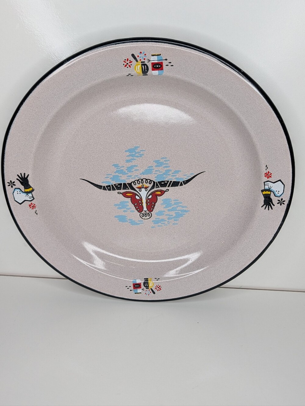Texas Longhorn Steer Enamel Plate Western Vtg Dinner Plate